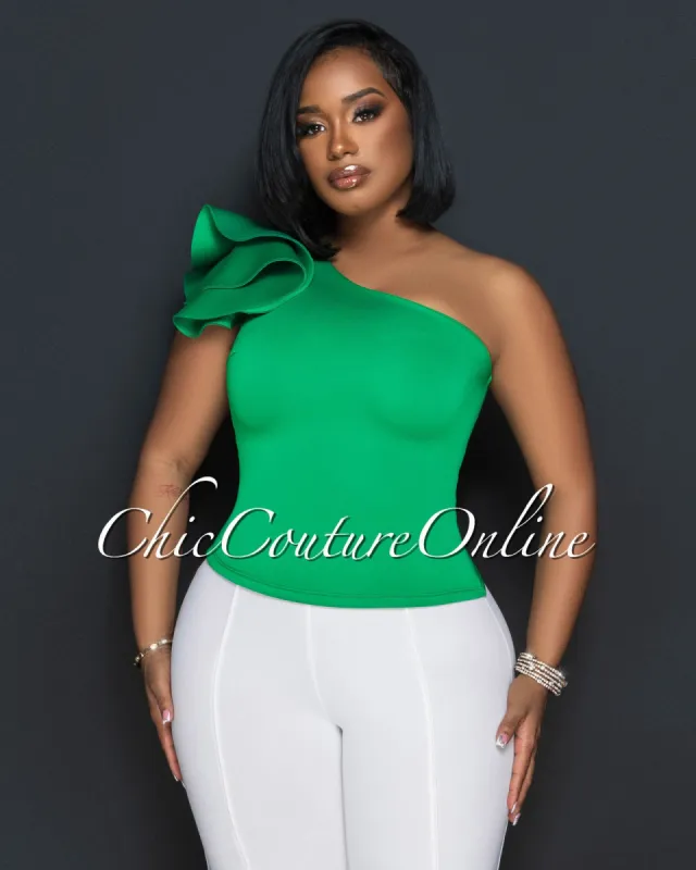 *Baier Green Single Shoulder Ruffle Statement Ponti Top sold by Chic Couture