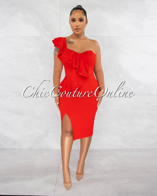 Corin Red Single Shoulder Ruffle Midi Dress sold by Chic Couture