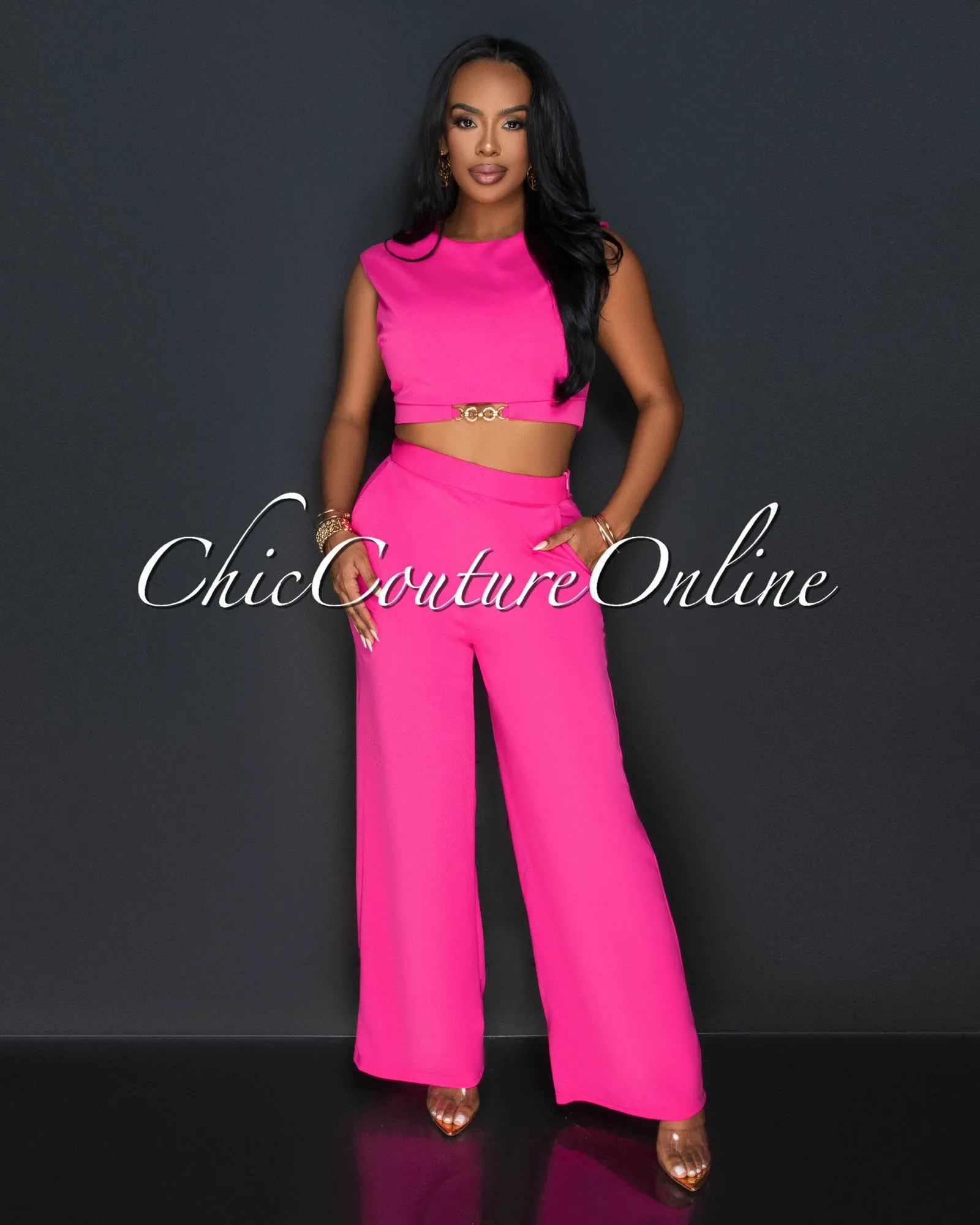 *Kalia Fuchsia Gold Accent Crop Top & Wide Pants Set sold by Chic Couture
