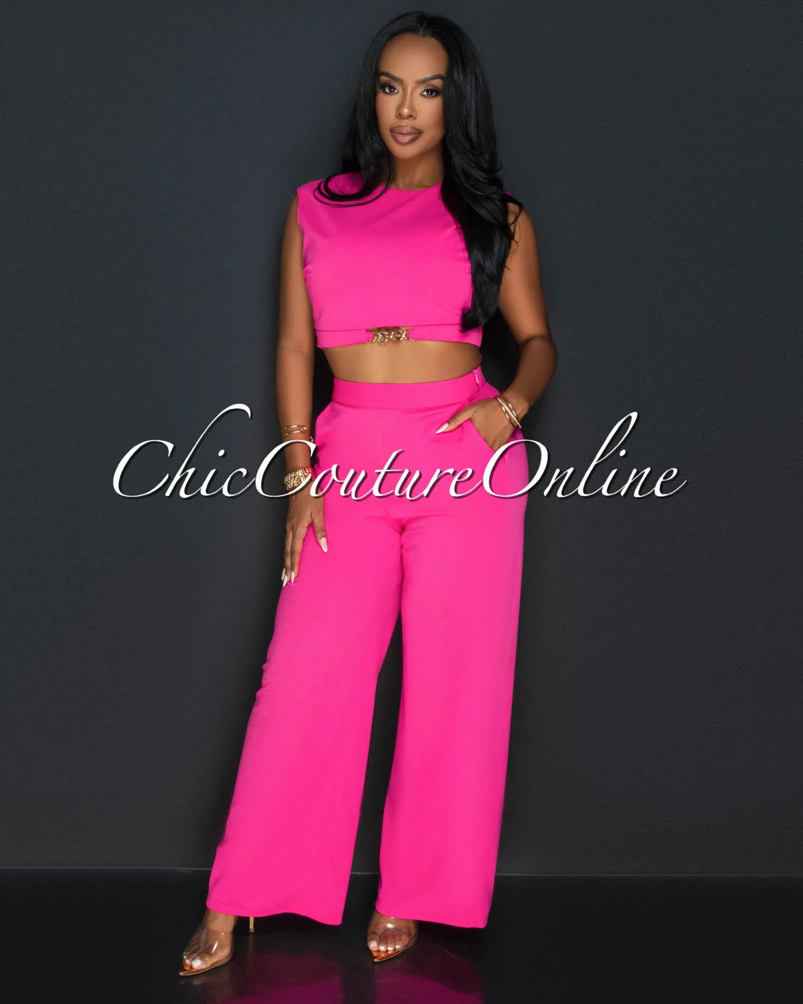 *Kalia Fuchsia Gold Accent Crop Top & Wide Pants Set sold by Chic Couture product image thumbnail 2