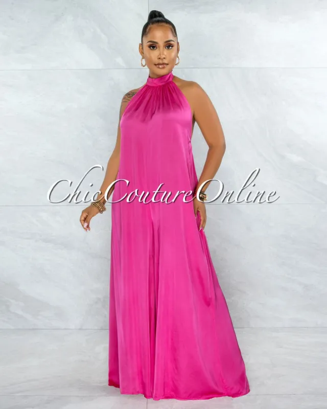 Memphis Fuchsia Low Back Satin Halter Jumpsuit sold by chic