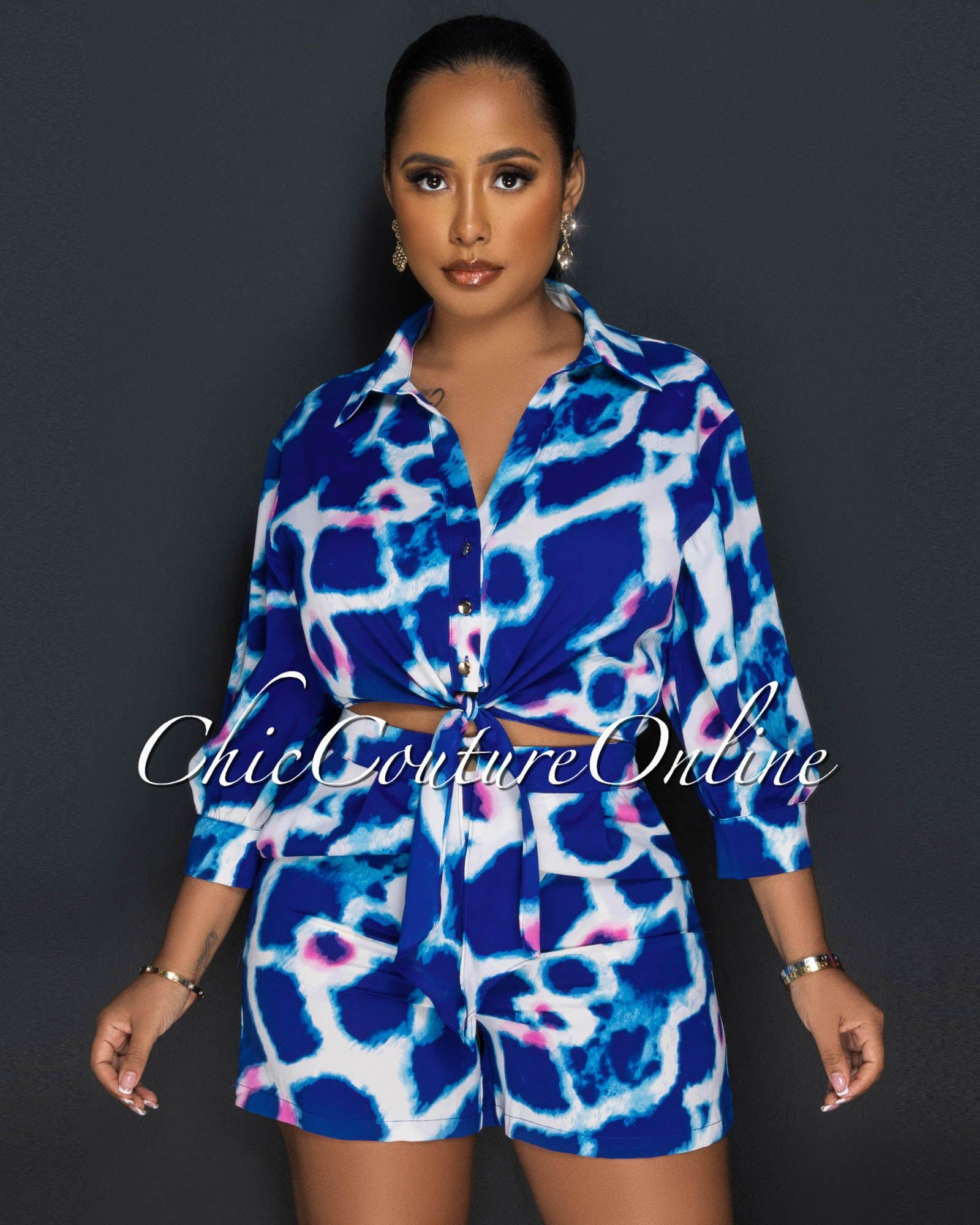 Fabney Blue Print Buttoned Shirt & Shorts Set sold by Chic Couture product image thumbnail 4