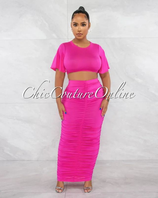 *Pharia Hot Pink Crop Top & Ruched Maxi Skirt Set sold by Chic Couture