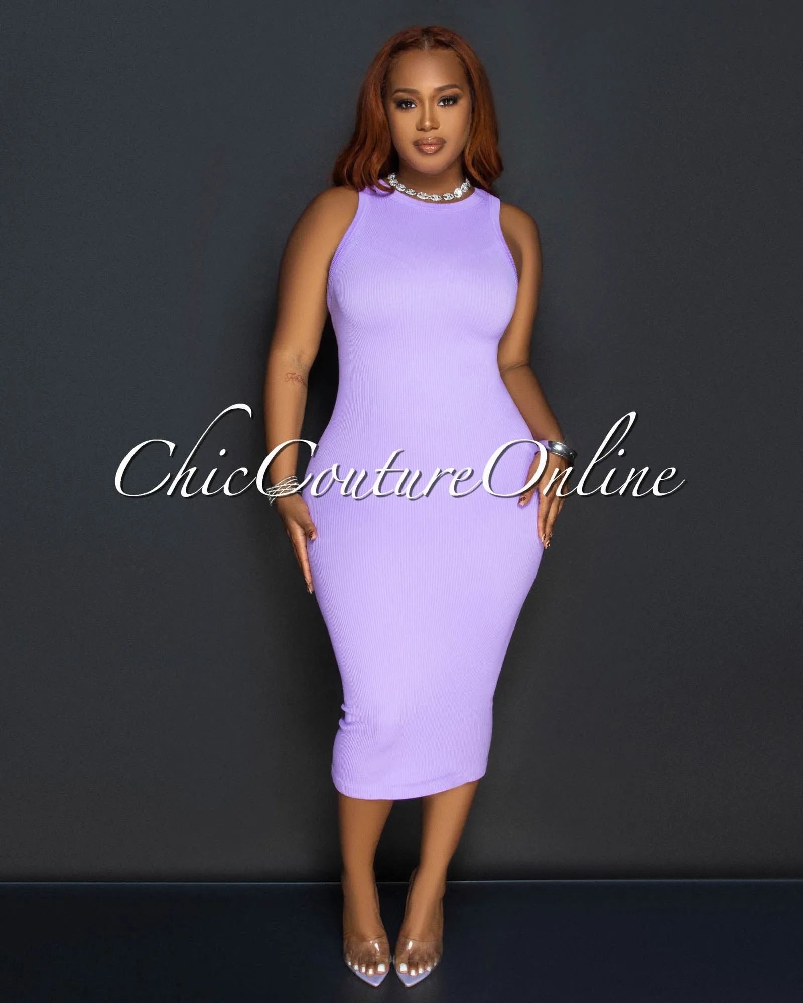 Liona Purple Sleeveless Ribbed Midi Dress sold by Chic Couture