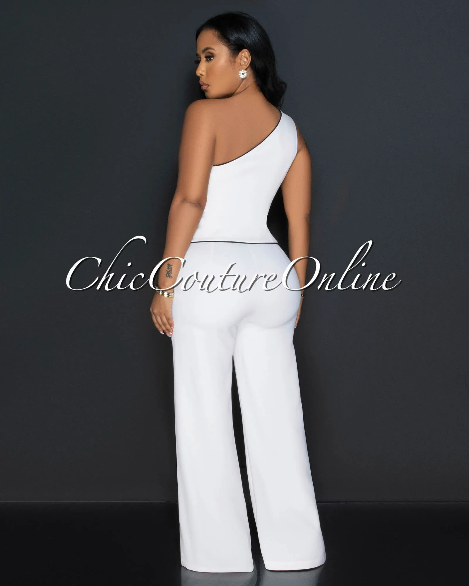 *Marcia White Black Trim Single Shoulder Vest & Pants Set sold by Chic Couture product image thumbnail 3