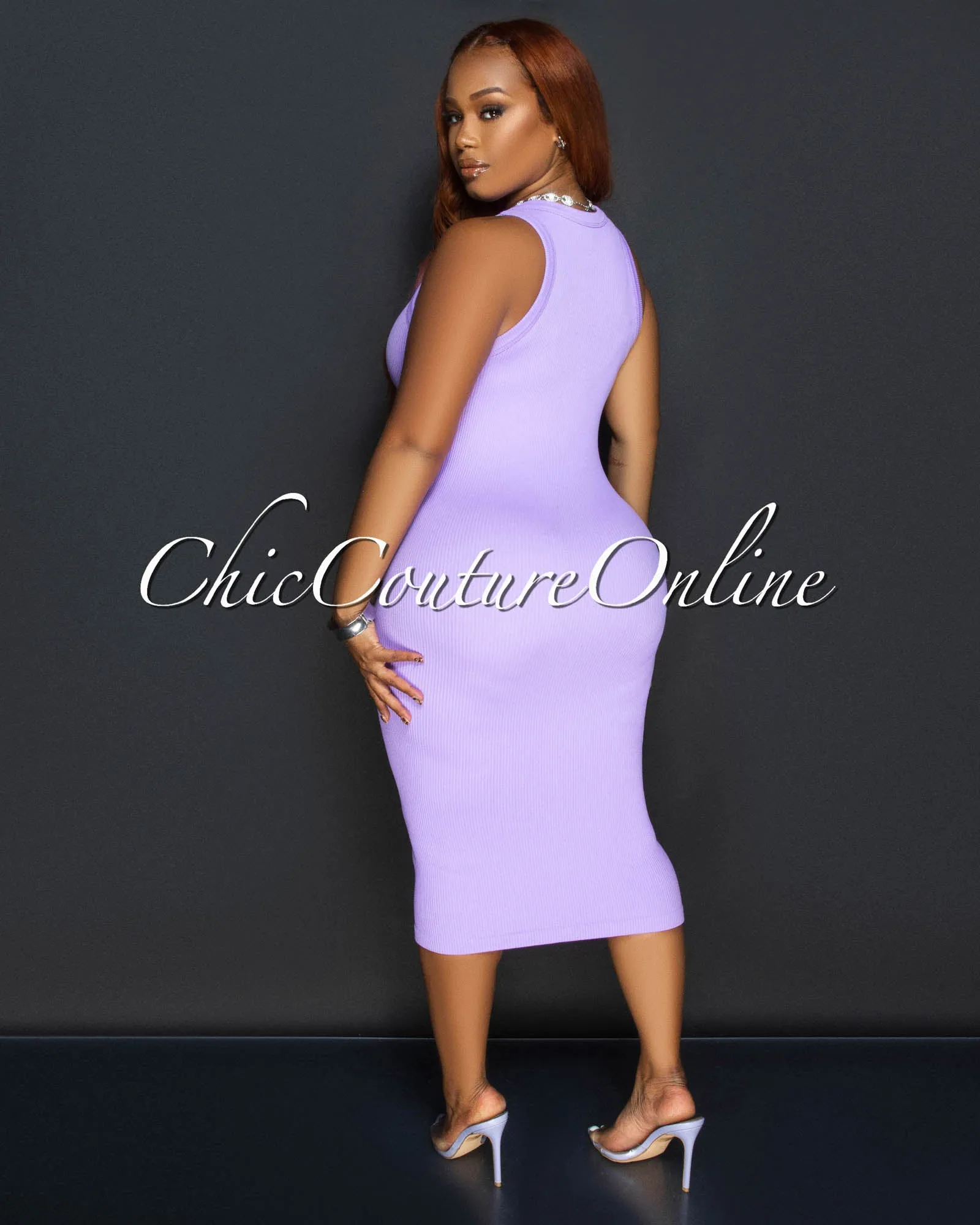 Liona Purple Sleeveless Ribbed Midi Dress sold by Chic Couture product image thumbnail 3