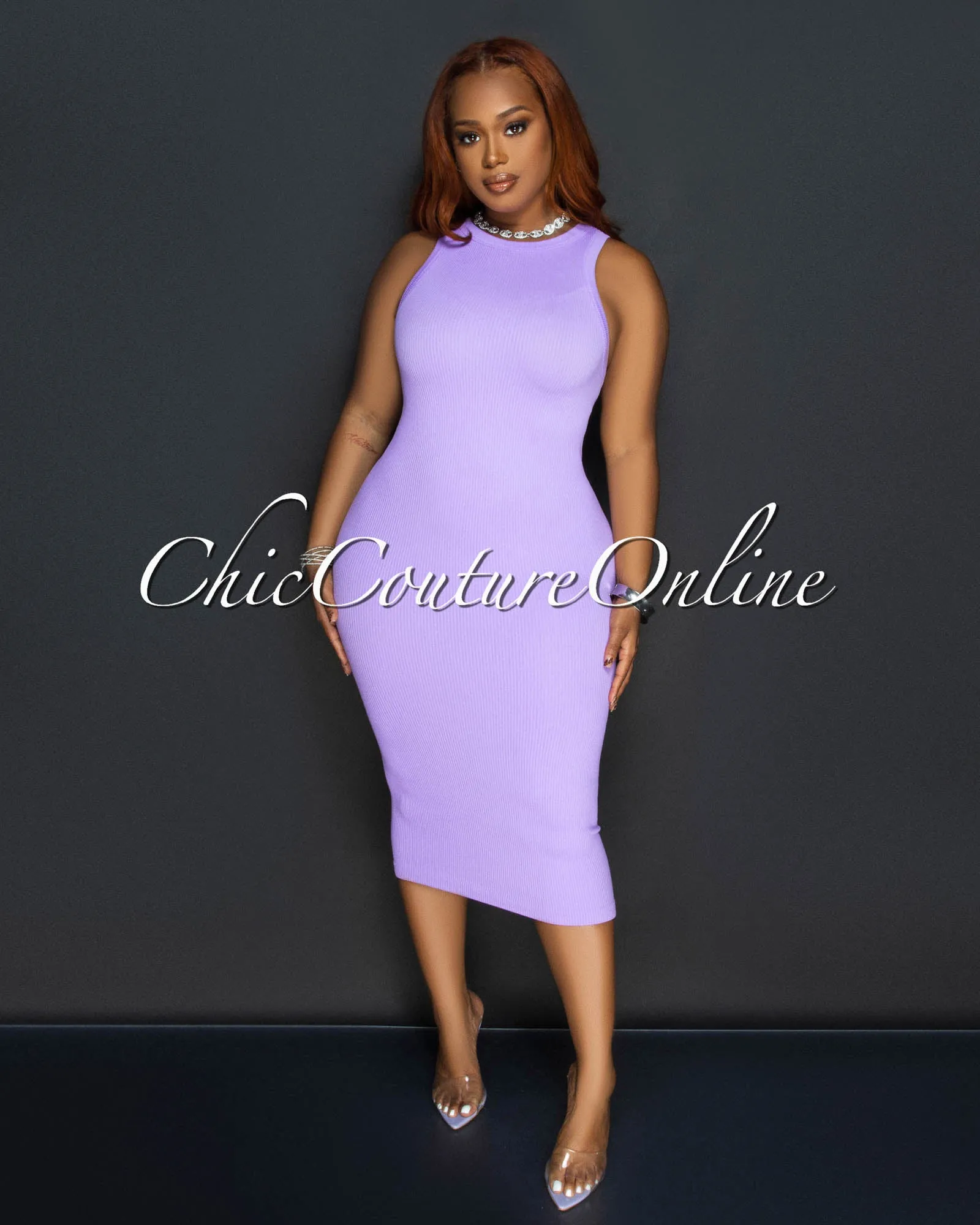 Liona Purple Sleeveless Ribbed Midi Dress sold by Chic Couture product image thumbnail 2