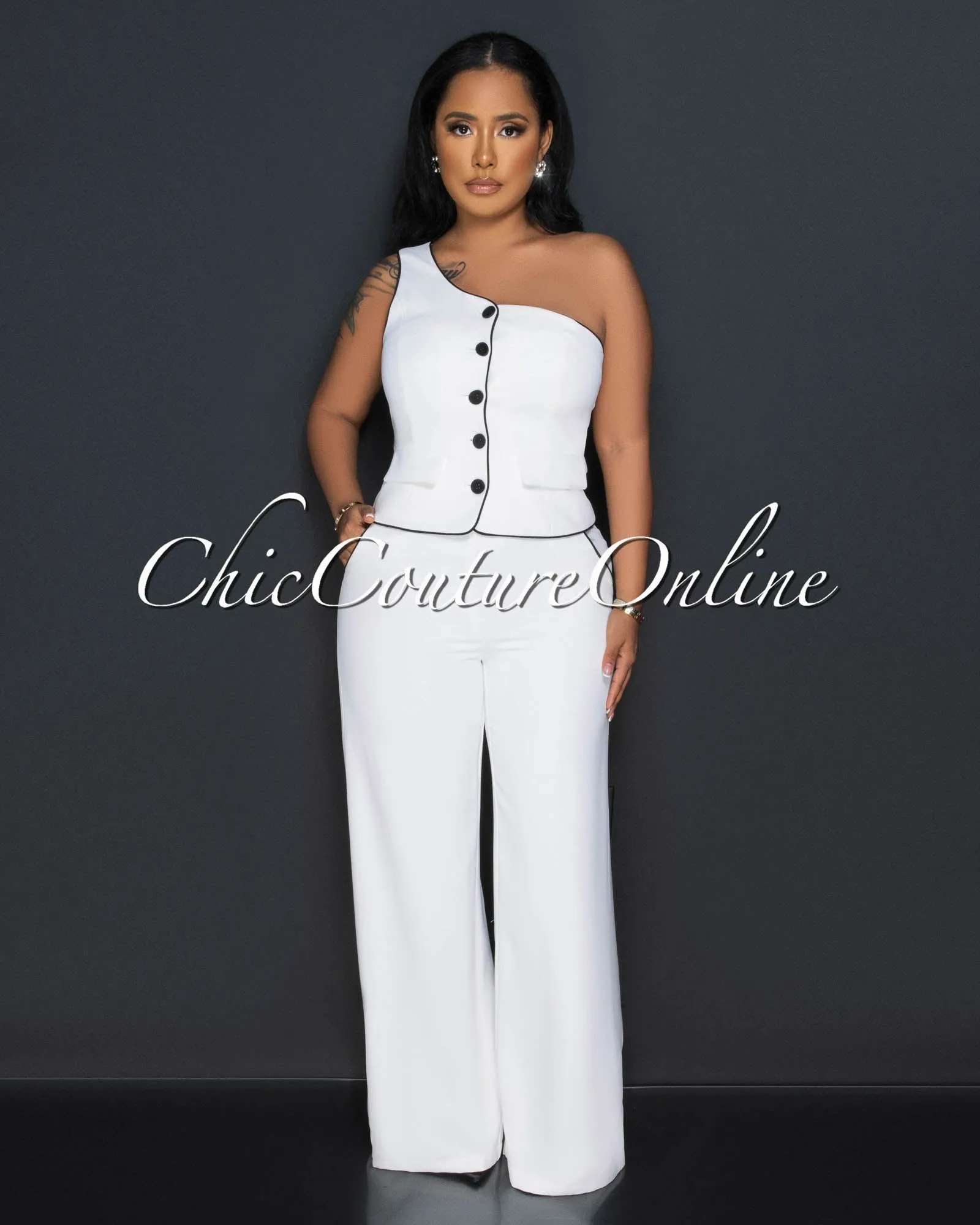 *Marcia White Black Trim Single Shoulder Vest & Pants Set sold by Chic Couture
