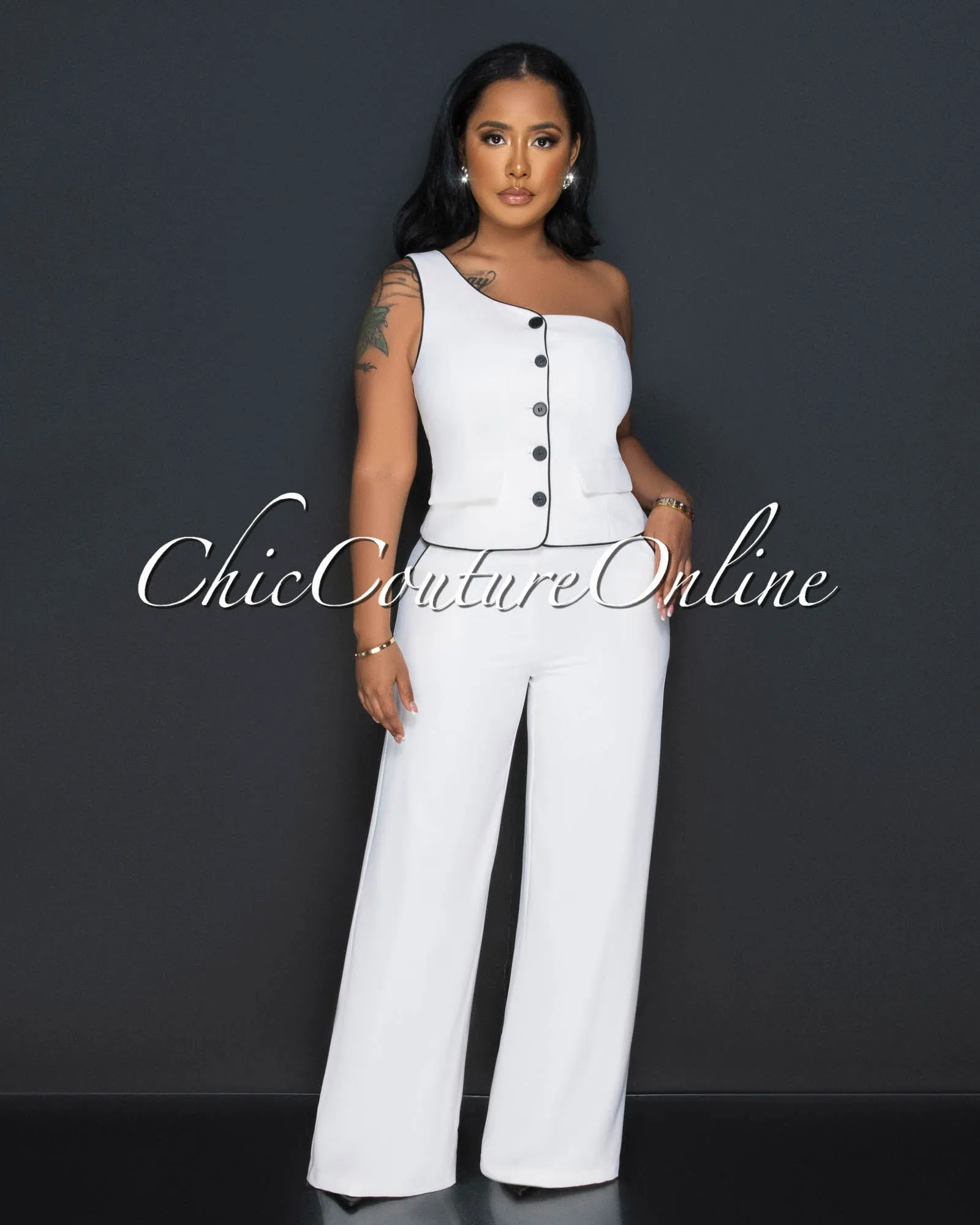 *Marcia White Black Trim Single Shoulder Vest & Pants Set sold by Chic Couture product image thumbnail 2