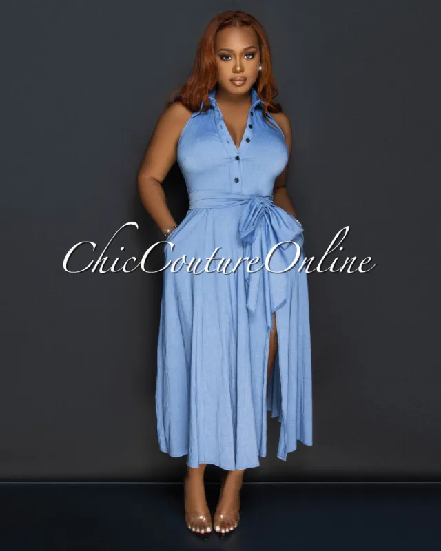 Louiza Blue Chambray Halter Midi Dress sold by Chic Couture
