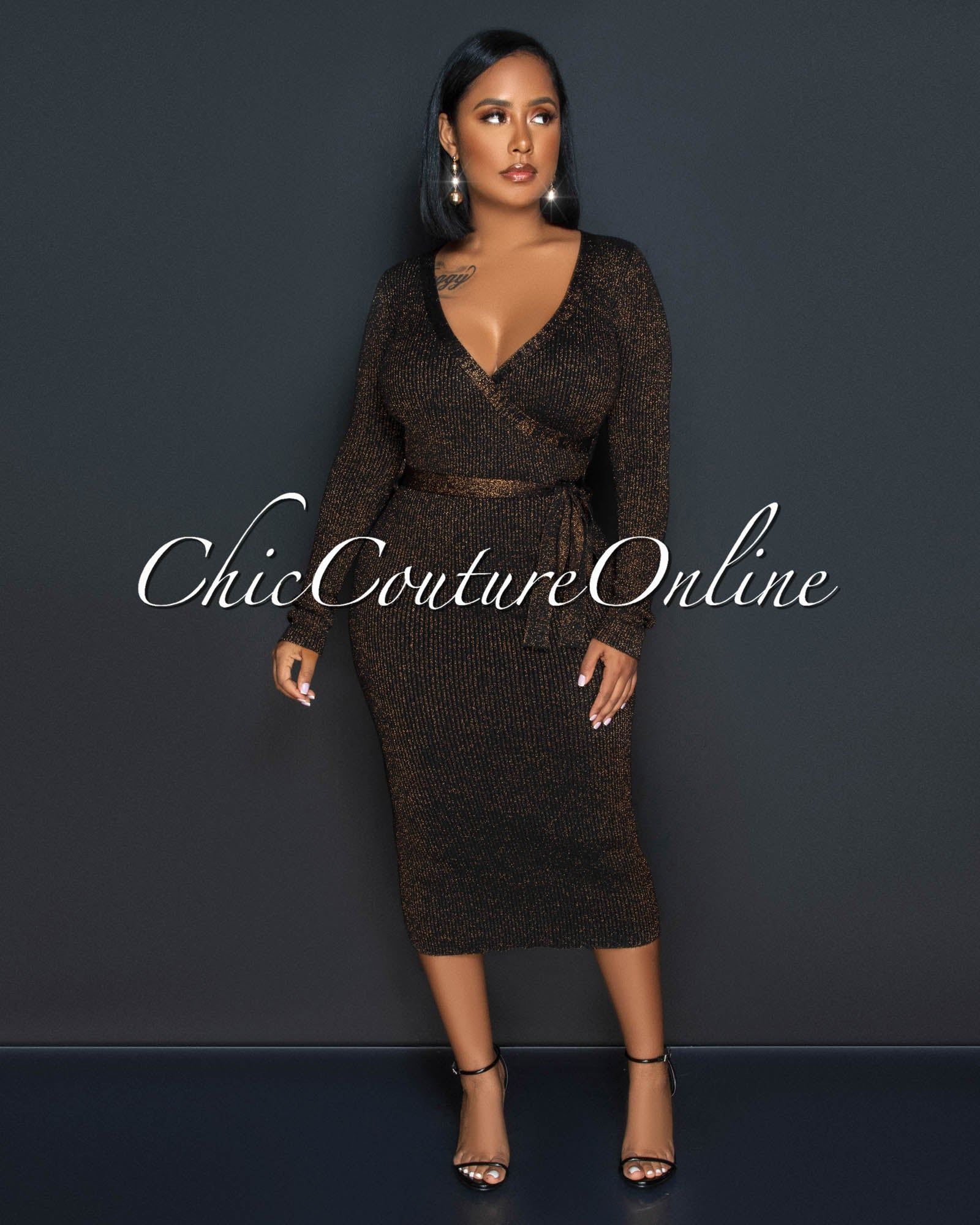 Eleanor Black Gold Shimmer Ribbed Midi Dress sold by Chic Couture