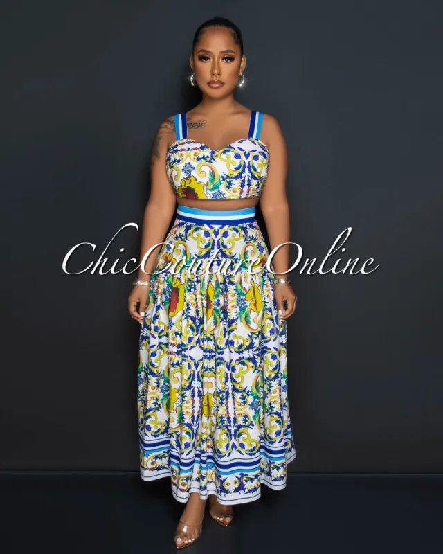 *Crisanto White Multi-Color Print Crop Top & Maxi Skirt Set sold by Chic Couture