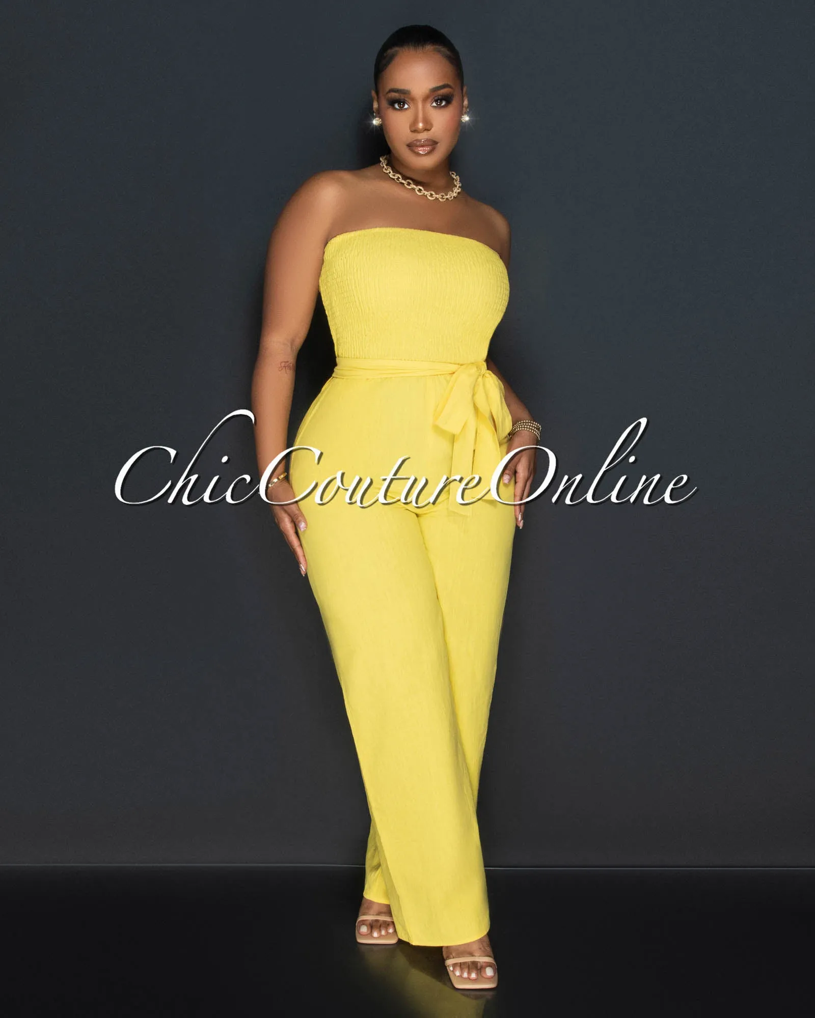 Hurley Yellow Smoked Top Wide Legs Linen Jumpsuit sold by Chic Couture product image thumbnail 3