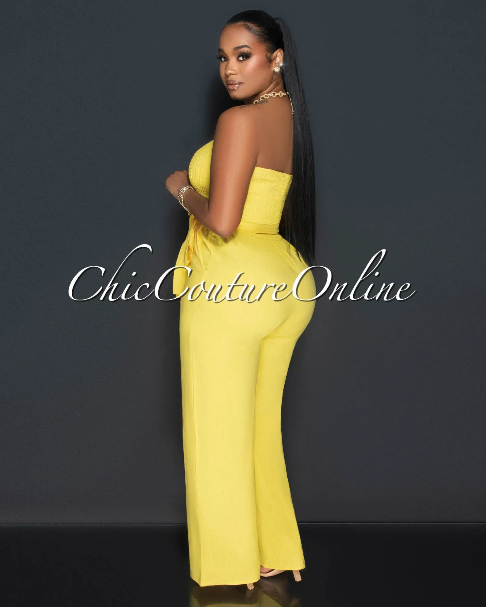Hurley Yellow Smoked Top Wide Legs Linen Jumpsuit sold by Chic Couture product image thumbnail 4
