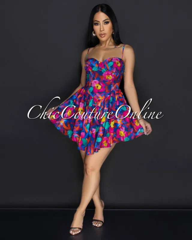 Zahara Multi-Color Floral Sweetheart Mini Dress sold by Chic Couture
