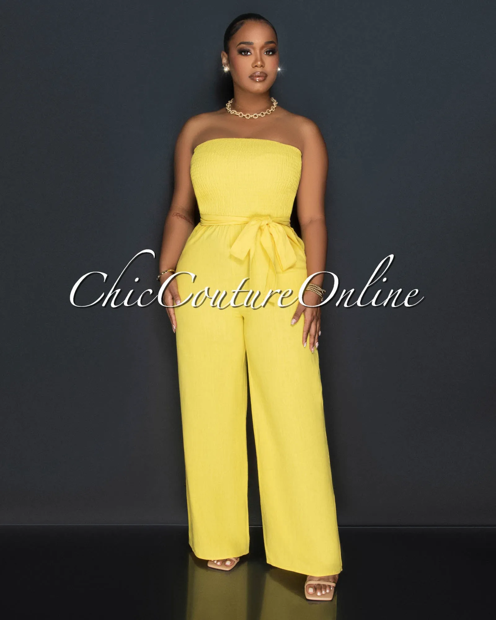 Hurley Yellow Smoked Top Wide Legs Linen Jumpsuit sold by Chic Couture