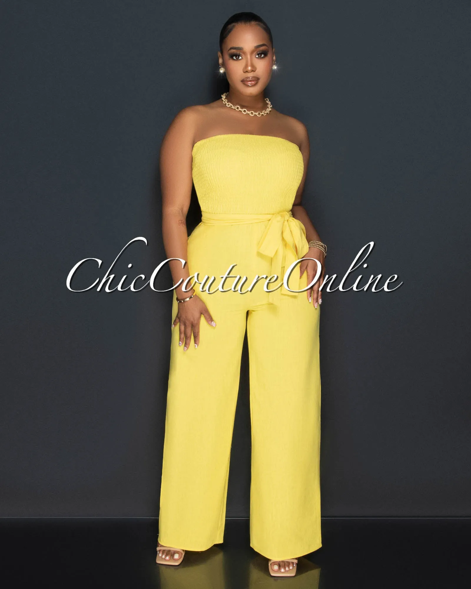 Hurley Yellow Smoked Top Wide Legs Linen Jumpsuit sold by Chic Couture product image thumbnail 2