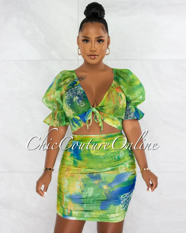 *Mejia Green Print Sheer Top & Ruched Skirt Set sold by Chic Couture