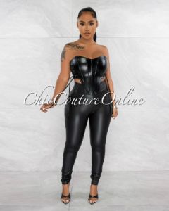 Claria Black Vegan Leather Lace-Up Corset Crop Top sold by chic