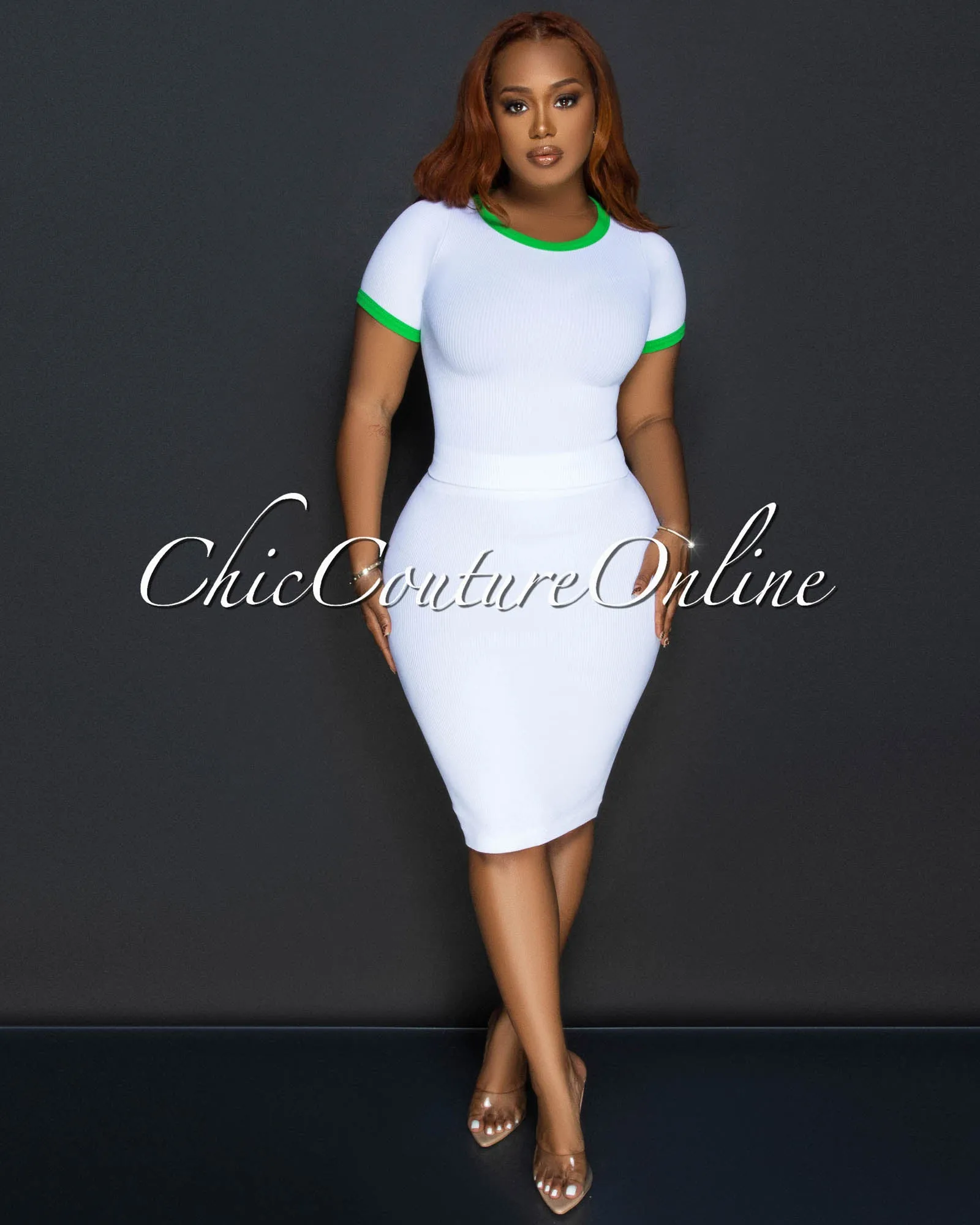 Nilda White Green Ribbed Crop Top & Skirt Sculpting Set sold by Chic Couture product image thumbnail 2