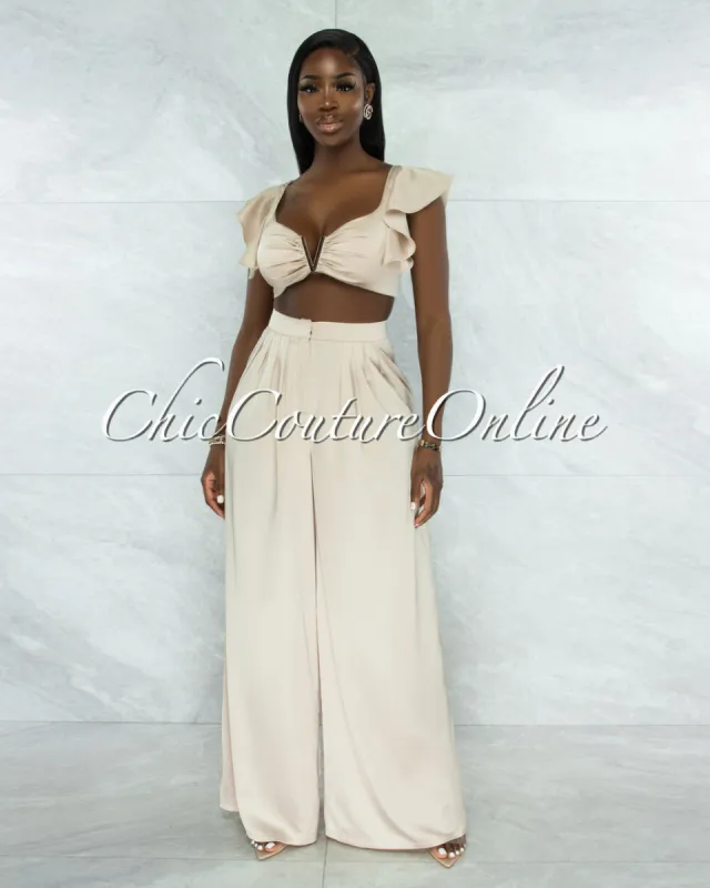 *Labiana Ivory Gold Accent Top & Wide Legs Pants Silky Set sold by Chic Couture