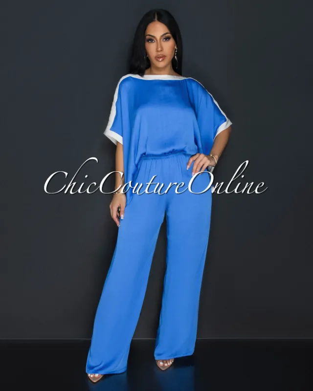 Vedette Blue Off-White Wide Sleeves & Legs Jumpsuit sold by Chic Couture