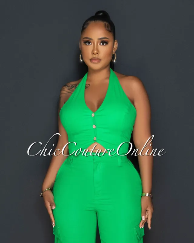 Banna Kelly-Green Halter Linen Vest sold by Chic Couture