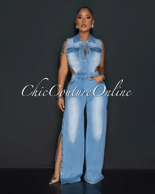 Sharlene Light Denum Silver Snaps Cut-Out Jumpsuit sold by Chic Couture