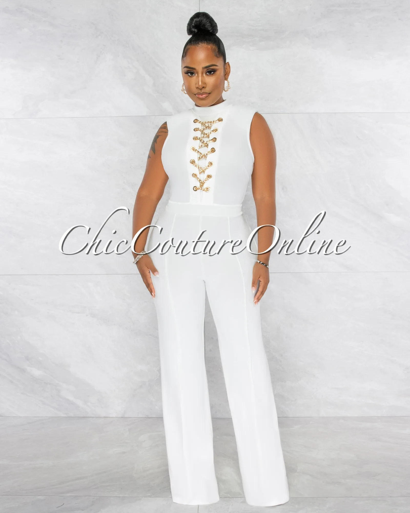 *Brandy Off-White Gold Link Lace-Up Jumpsuit sold by Chic Couture