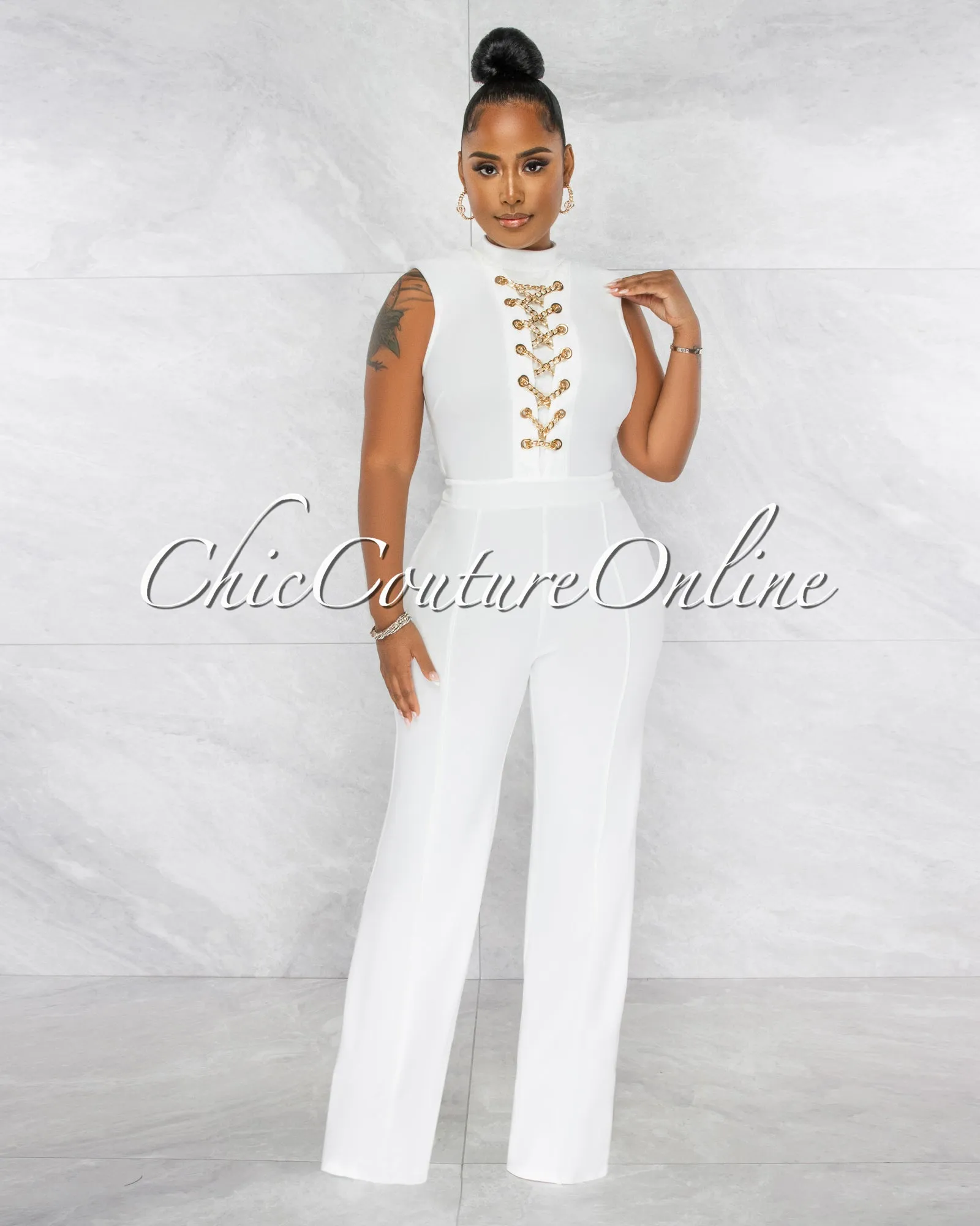 *Brandy Off-White Gold Link Lace-Up Jumpsuit sold by Chic Couture product image thumbnail 2