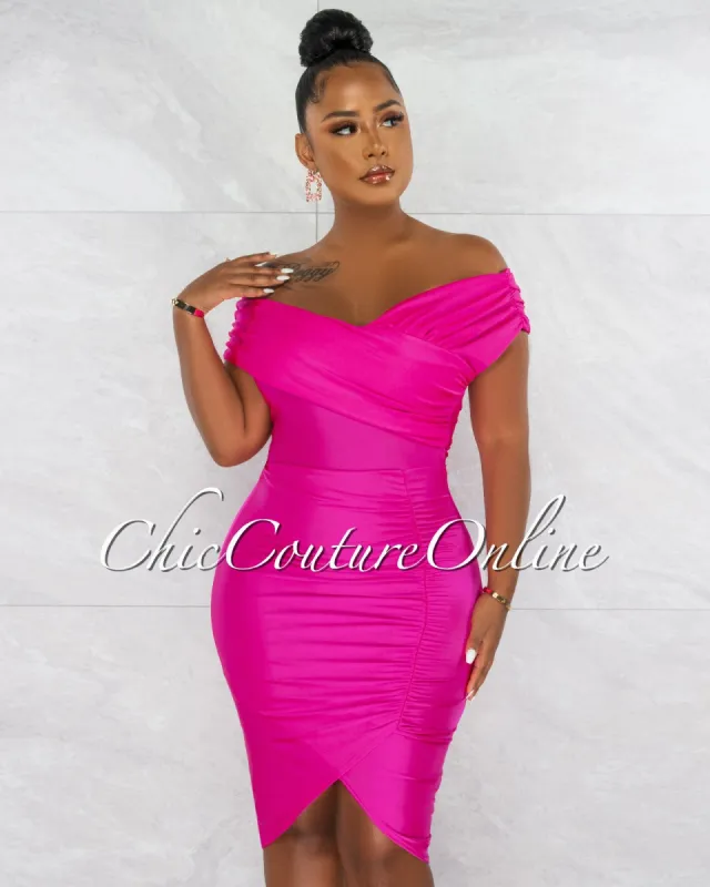 Gabbar Hot Pink Off-The Shoulders Ruched Midi Dress sold by chic