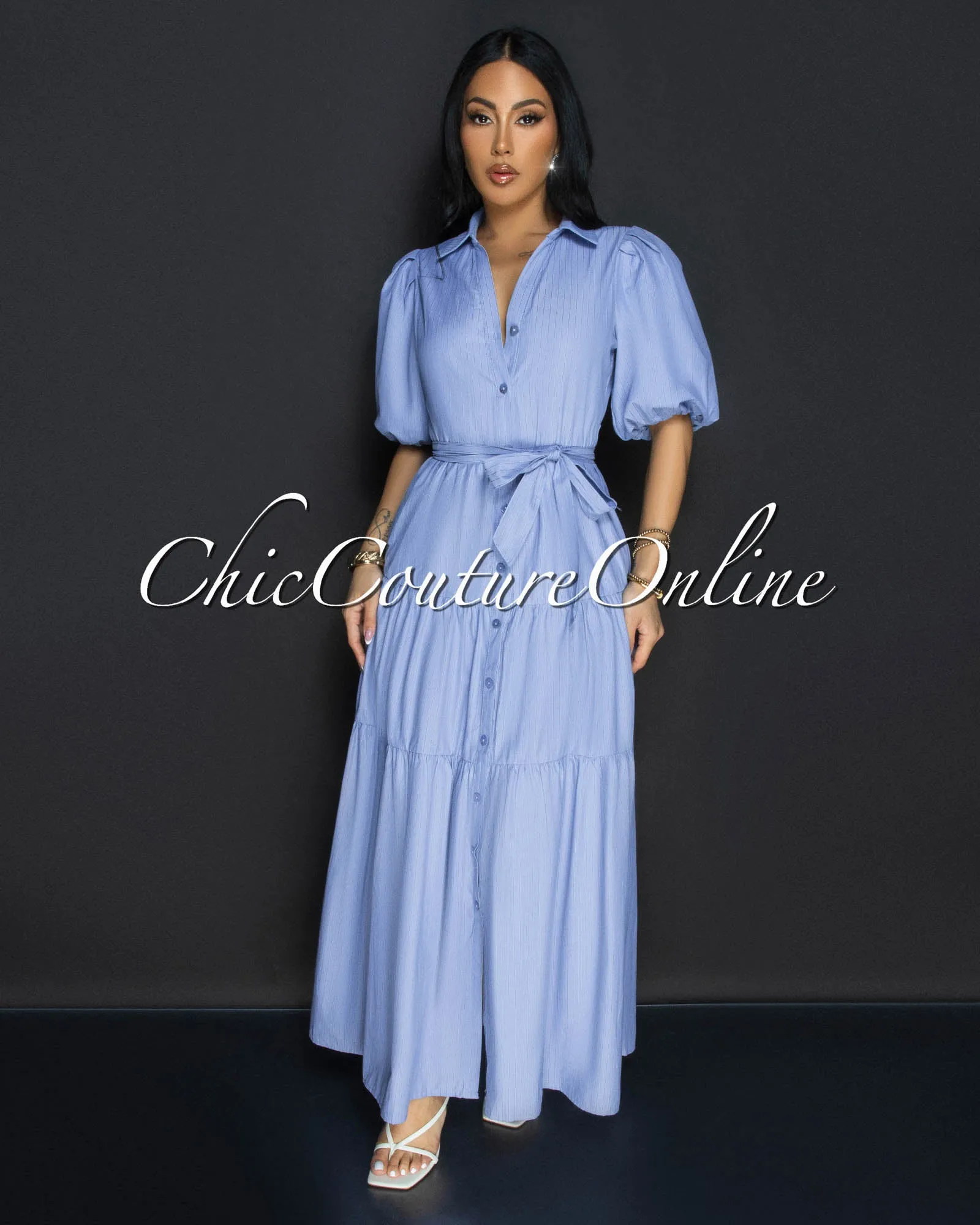 Locina Blue Stripes Ruffle Maxi Dress sold by Chic Couture product image thumbnail 2