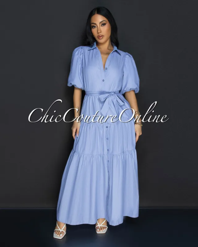 Locina Blue Stripes Ruffle Maxi Dress sold by Chic Couture