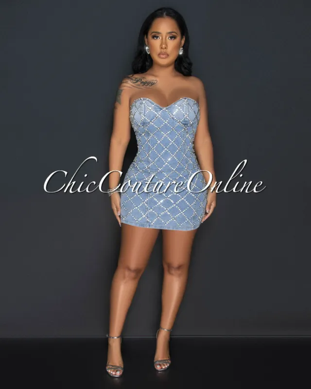 Leigh Light Denim Rhinestones Lattice Strapless Dress sold by Chic Couture