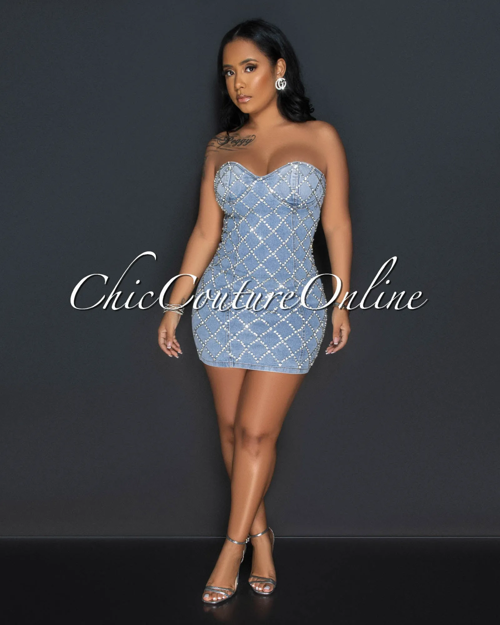 Leigh Light Denim Rhinestones Lattice Strapless Dress sold by Chic Couture product image thumbnail 2