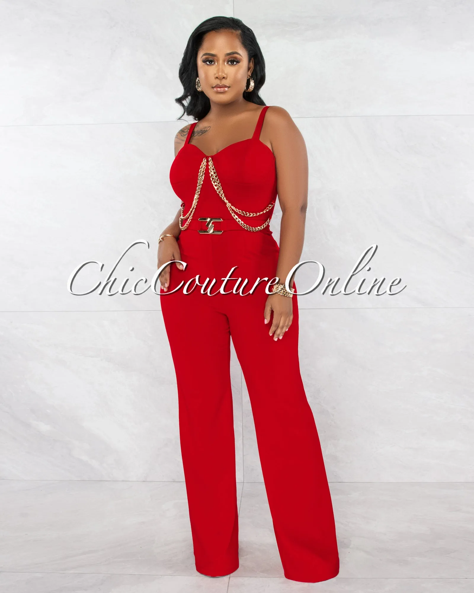 *Nolanie Red Gold Link & Buckle Accent Jumpsuit sold by Chic Couture