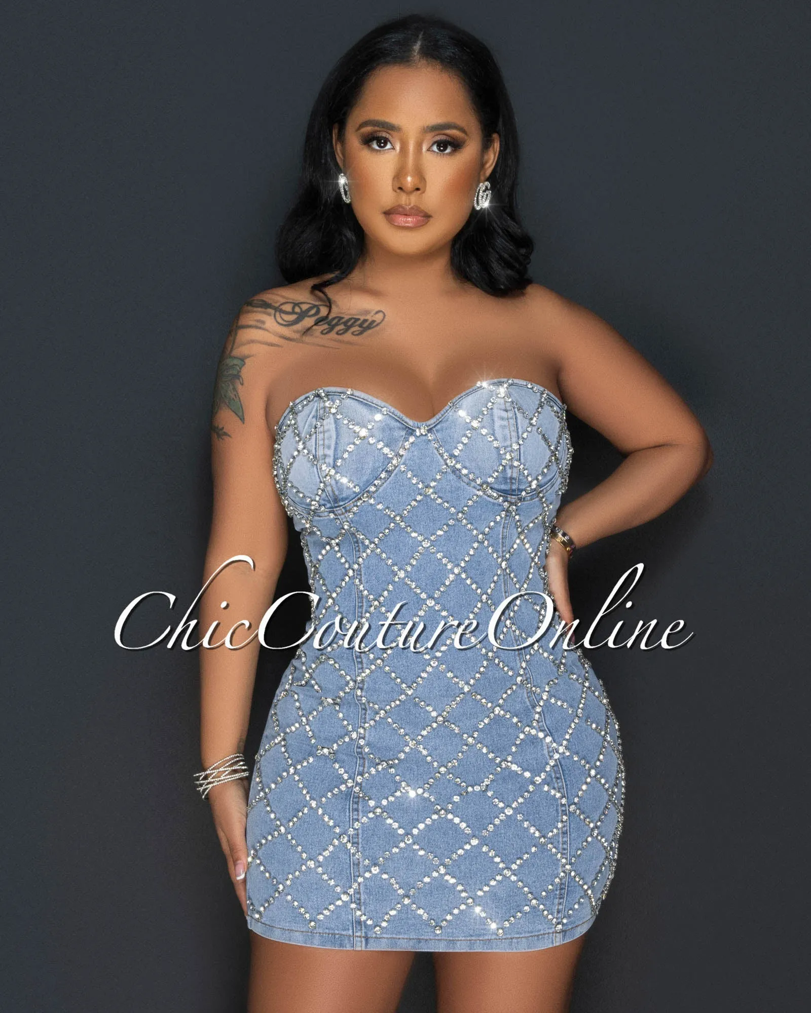 Leigh Light Denim Rhinestones Lattice Strapless Dress sold by Chic Couture product image thumbnail 4