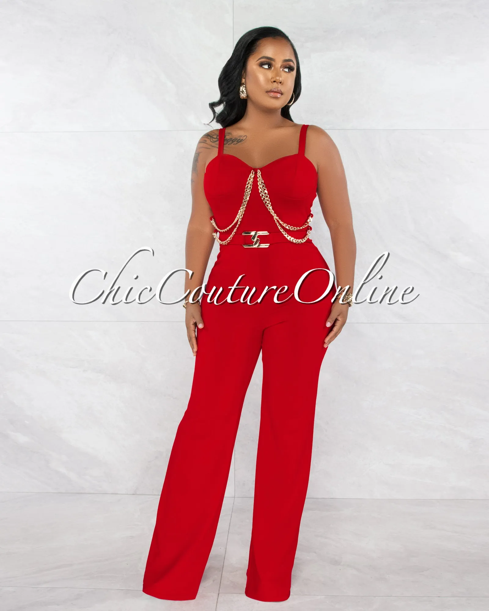 *Nolanie Red Gold Link & Buckle Accent Jumpsuit sold by Chic Couture product image thumbnail 2