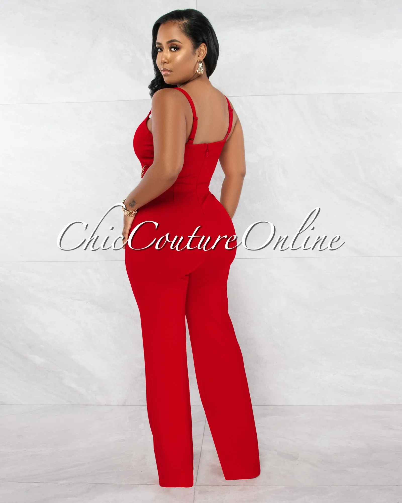 *Nolanie Red Gold Link & Buckle Accent Jumpsuit sold by Chic Couture product image thumbnail 3