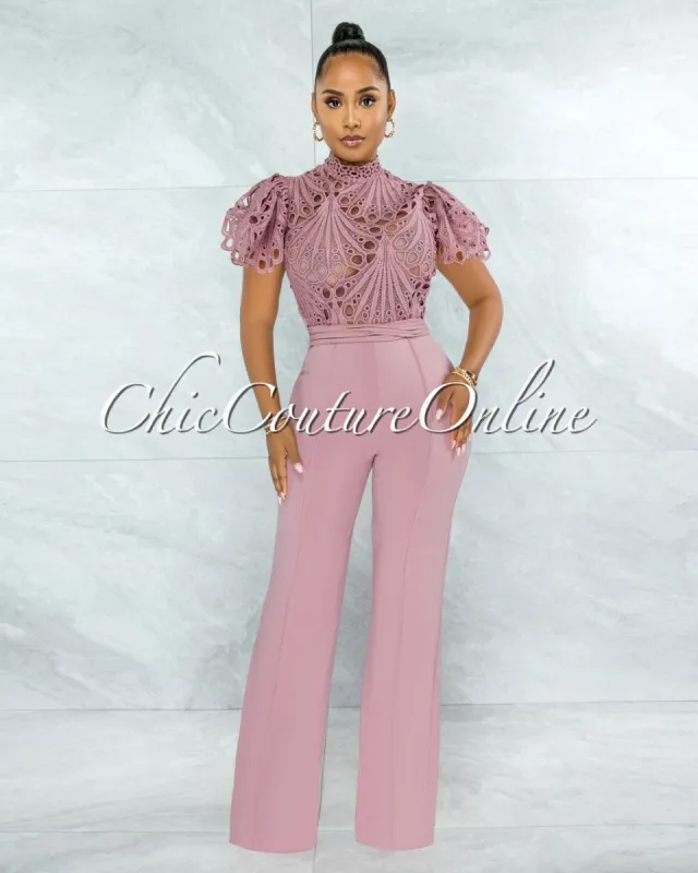 Charity Mauve Crochet See-Thru Top Ruffle Sleeves Jumpsuit sold by chic