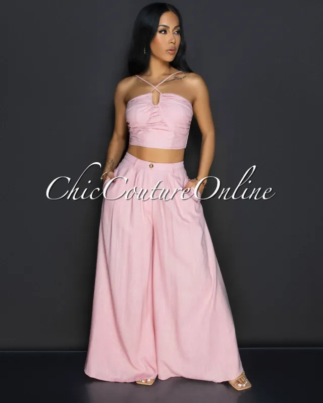 Soukie Blush Crop Top & Palazzo Two Piece Linen Set sold by Chic Couture