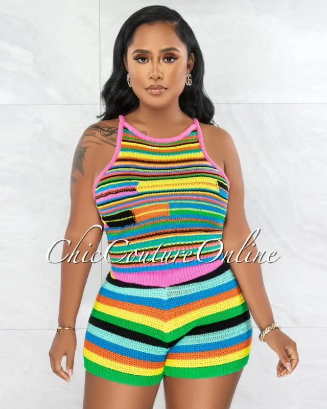 Dawber Fuchsia Multi-Color Stripes Top & Shorts Crochet Set sold by chic
