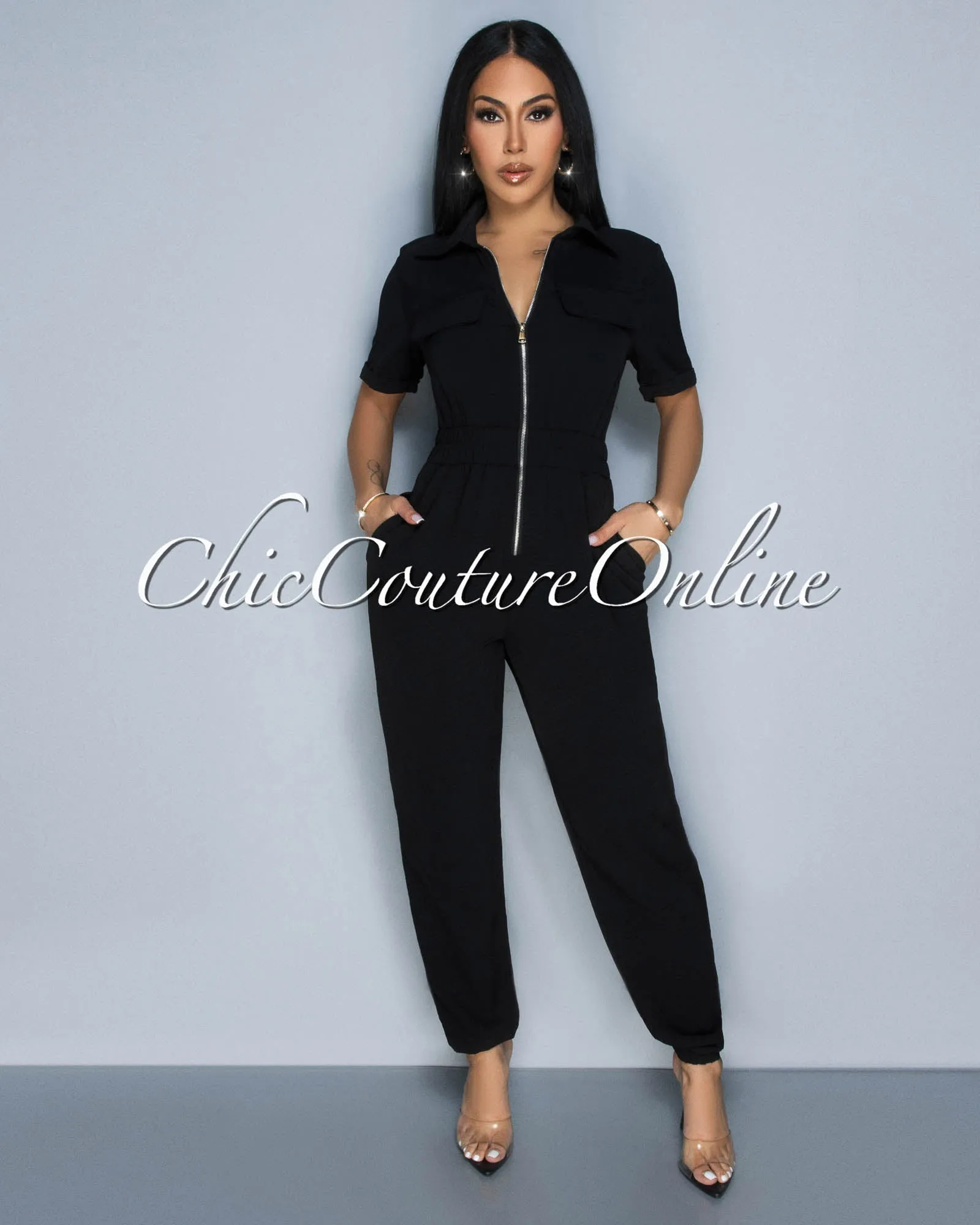 Sumi Black Utility Cargo Jumpsuit sold by Chic Couture