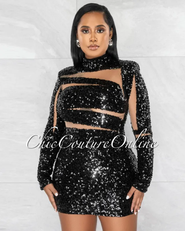 *Dynell Black Sequins Nude Mesh Accent Mini Dress sold by Chic Couture