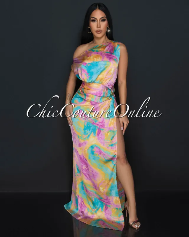 Seine Pink Turquoise Single Off Shoulder Maxi Dress sold by Chic Couture
