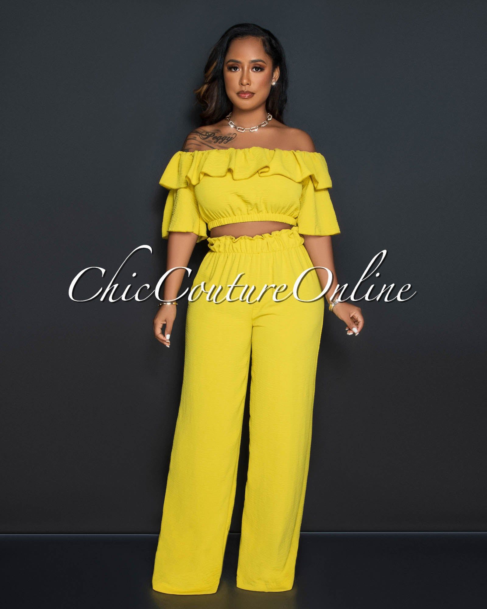 Endia Mustard Ruffle Crop Top & Wide Pants Set sold by Chic Couture