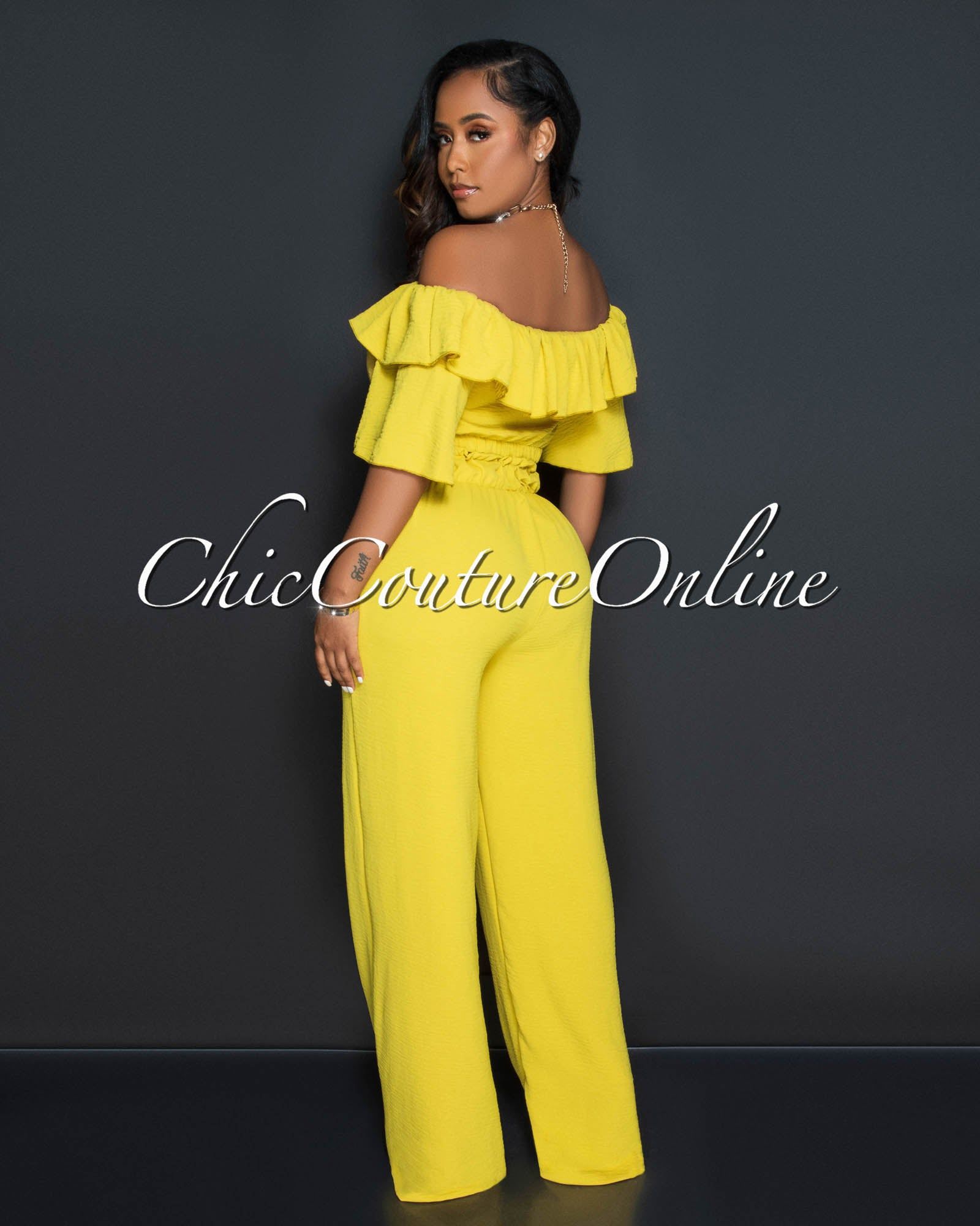 Endia Mustard Ruffle Crop Top & Wide Pants Set sold by Chic Couture product image thumbnail 3