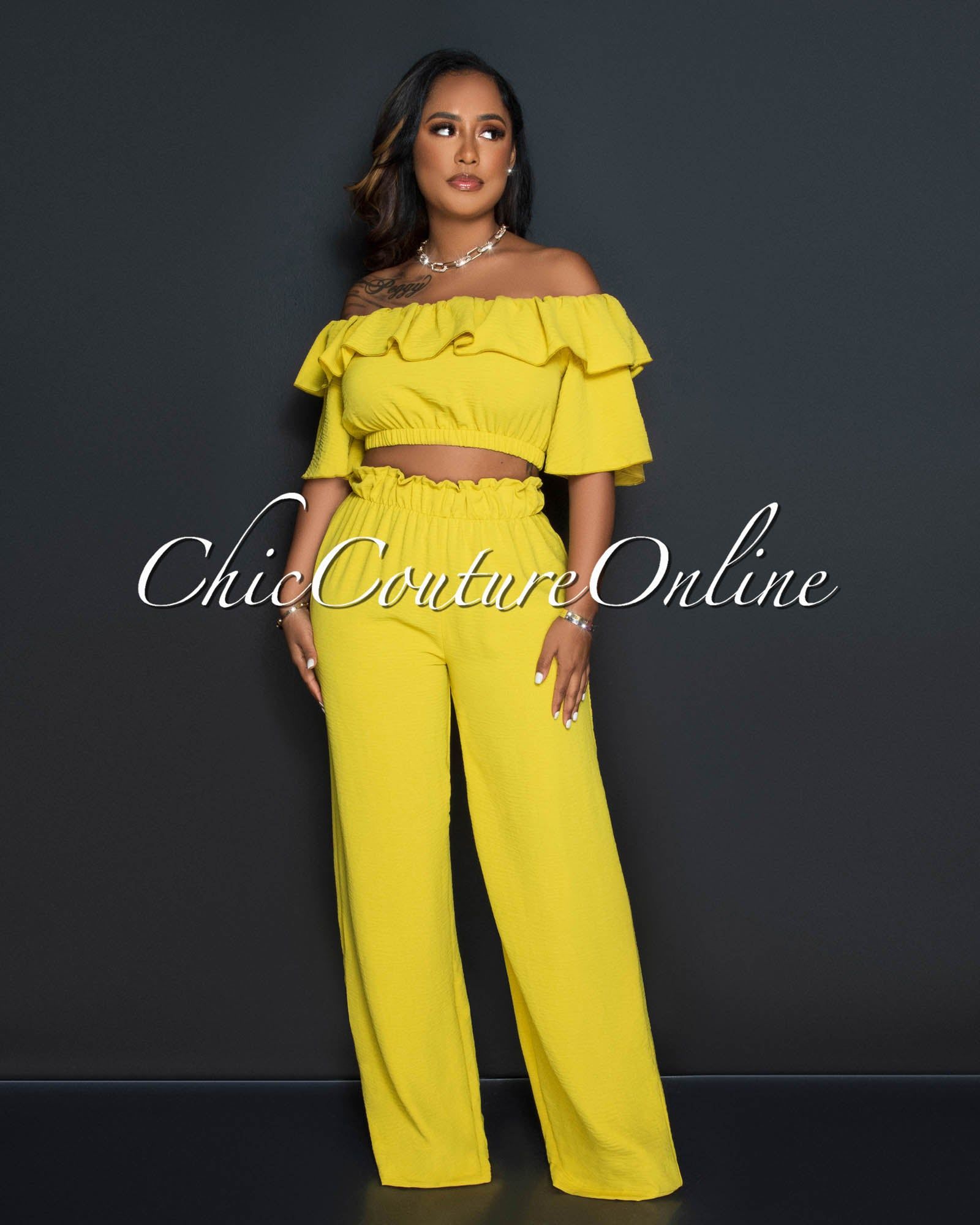 Endia Mustard Ruffle Crop Top & Wide Pants Set sold by Chic Couture product image thumbnail 2