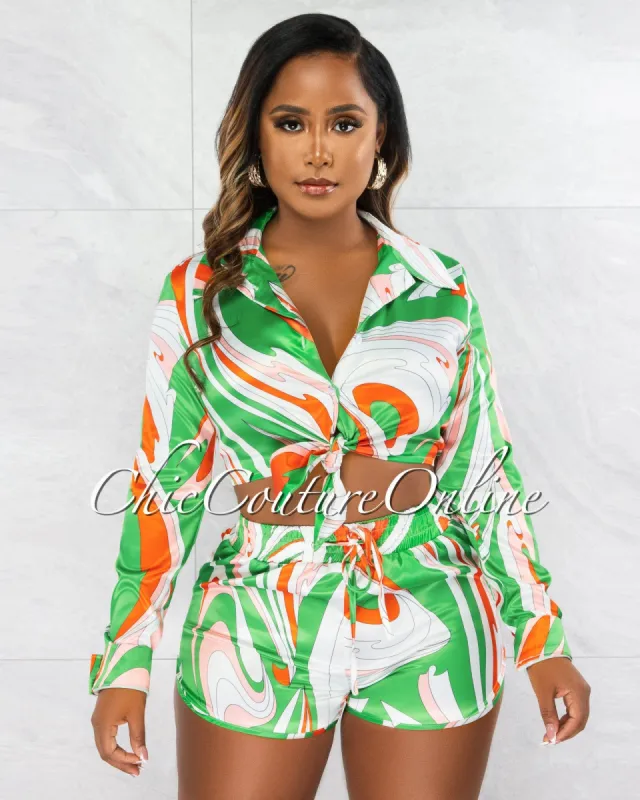 Kailas Green White Print Tie Top & Shorts Silky Set sold by chic