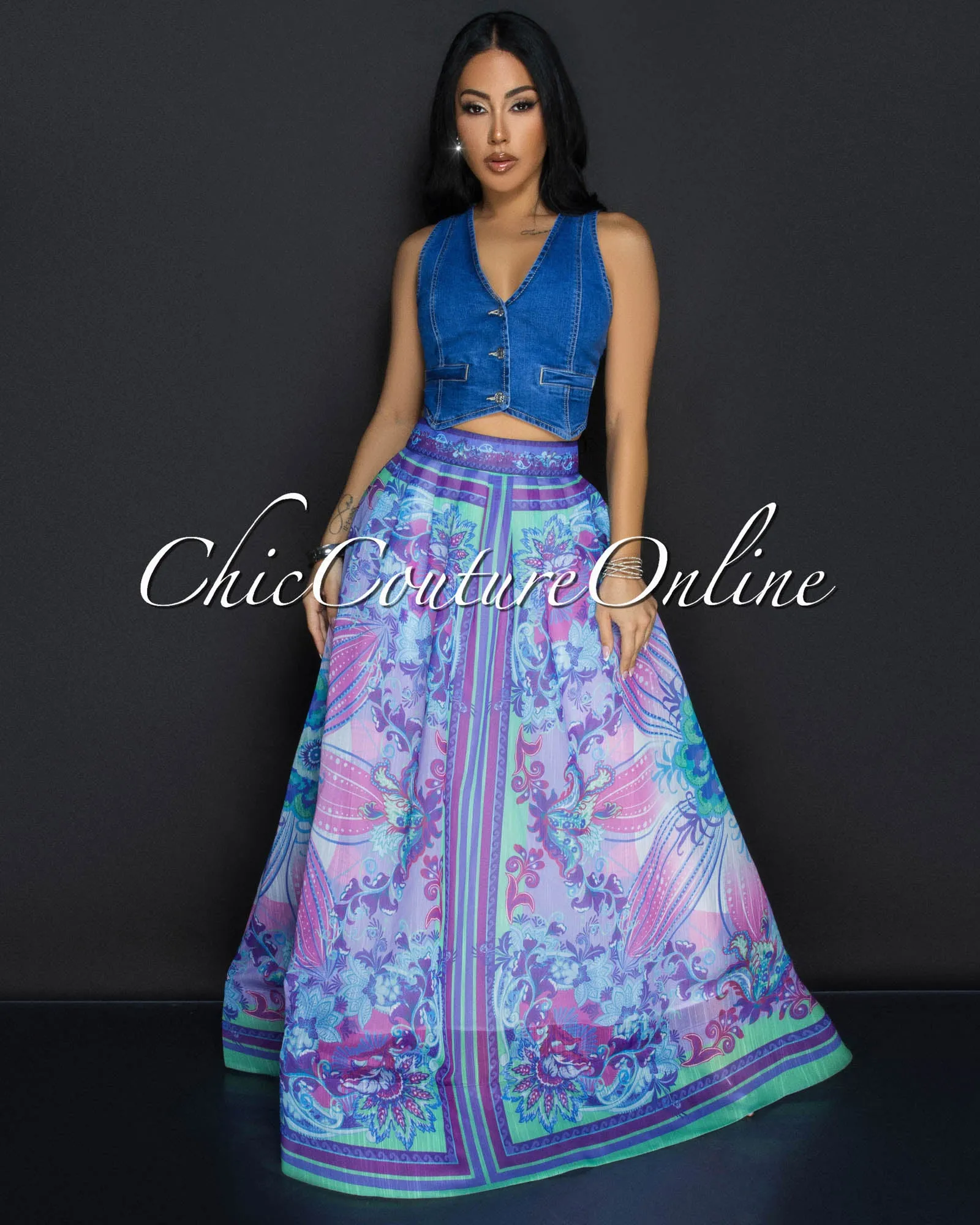 *Aramis Purple Multi-Color Flower Top & Maxi Skirt Set sold by Chic Couture product image thumbnail 5